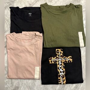 Set of 4 Woman’s Graphic and Solid T-Shirts - Black, Pink, Green